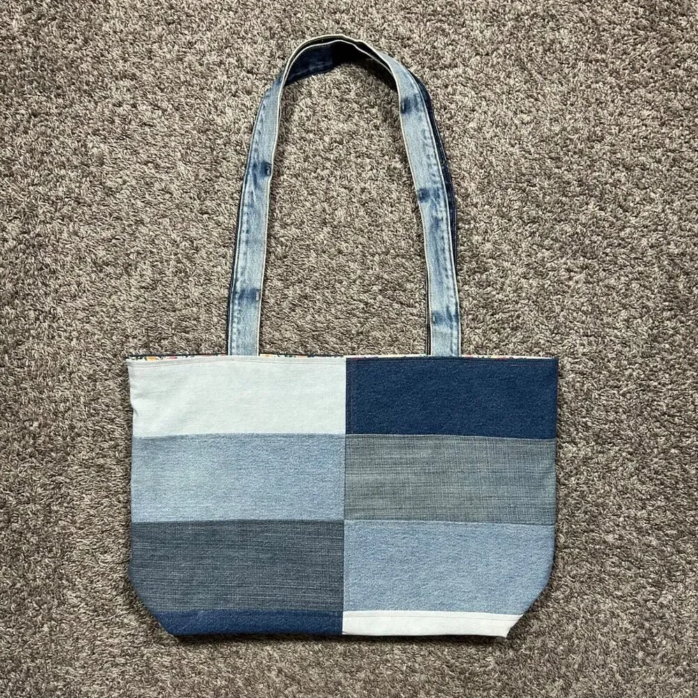 Handmade Patchwork Denim Bag Oversized Tote Shoulder Bag 16x6x14.5 Blue